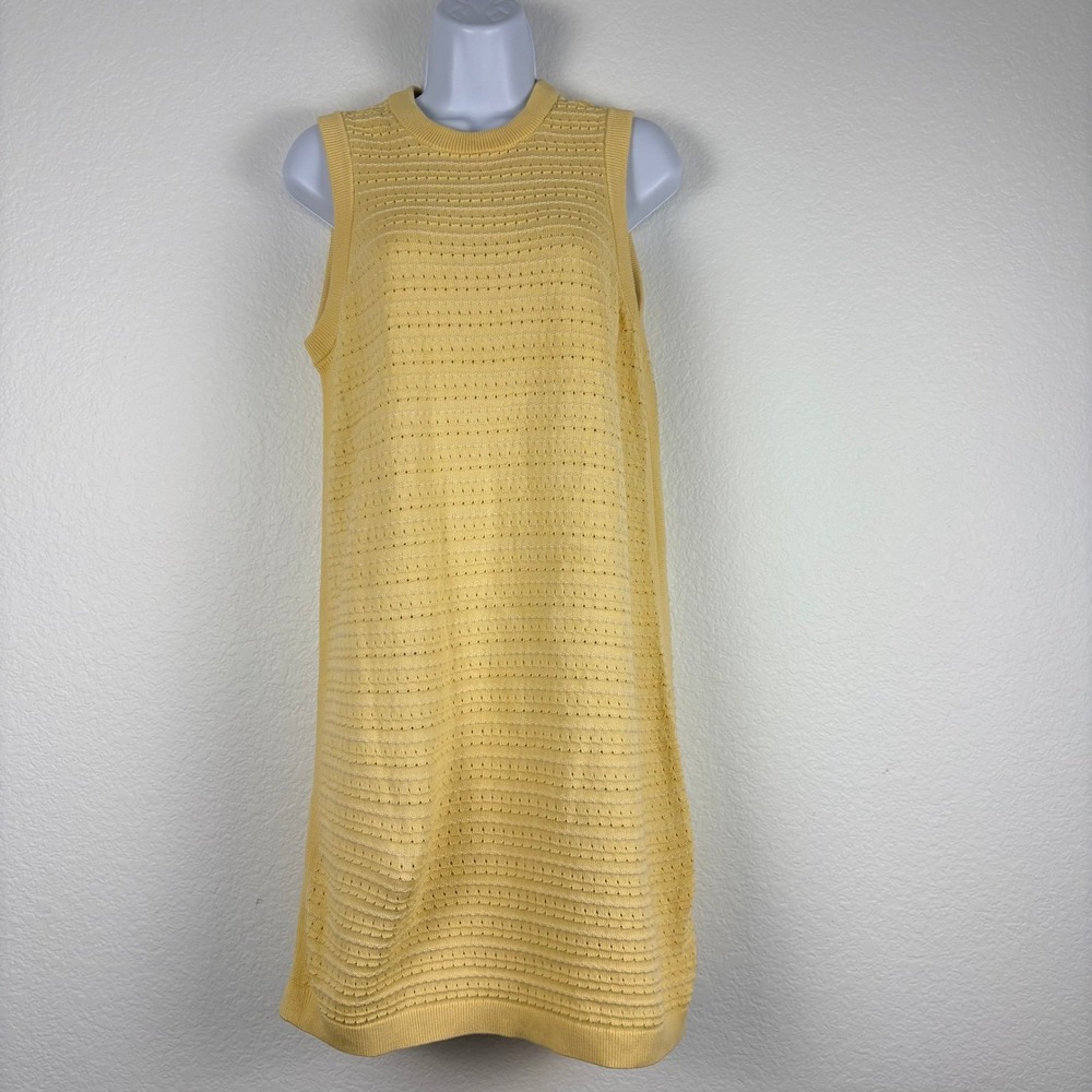 Varley Mindy Contrast Stitch Textured Knit Sleeveless Cotton Dress Yellow Small